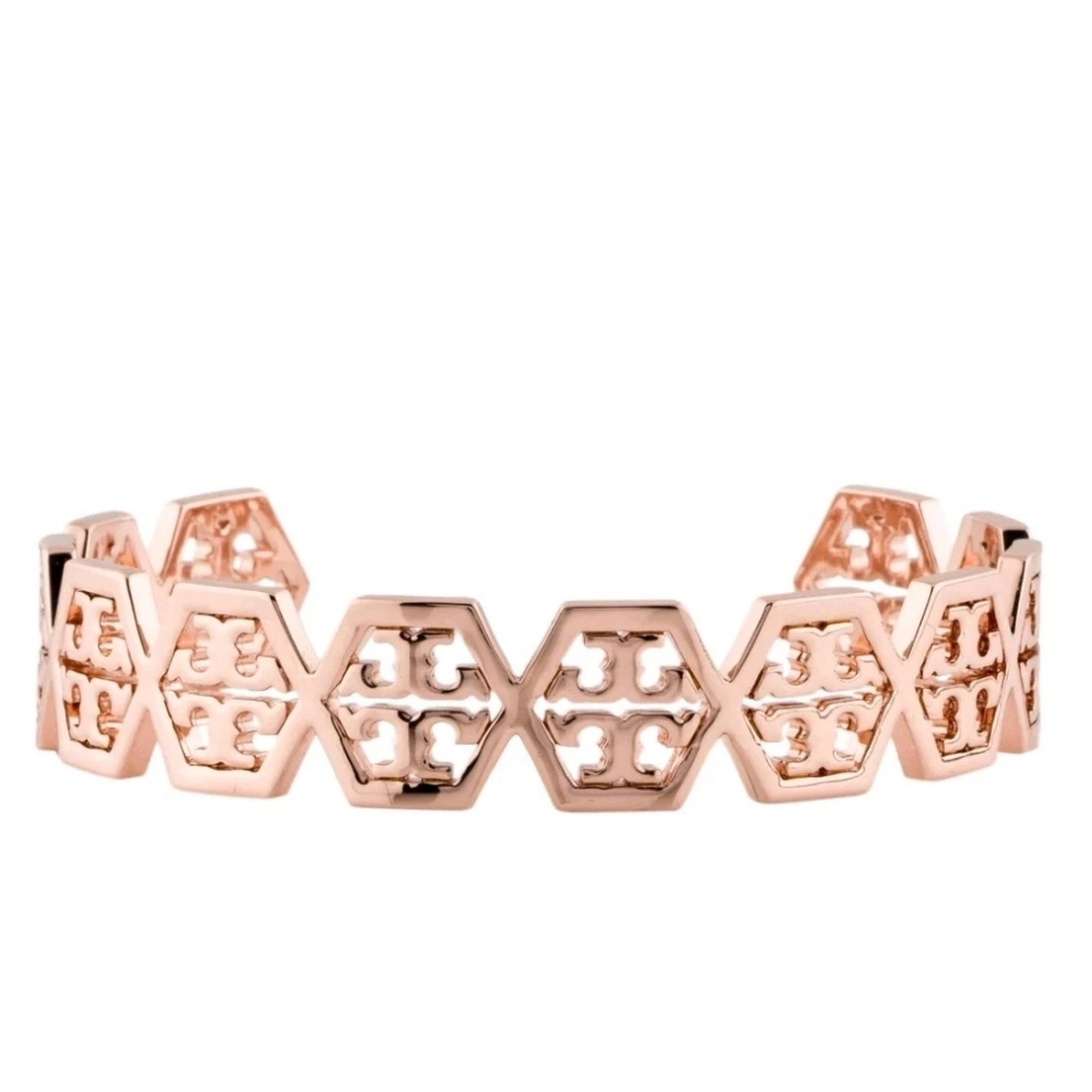 Tory Burch Rose Gold Hexagon Logo Cuff Bracelet